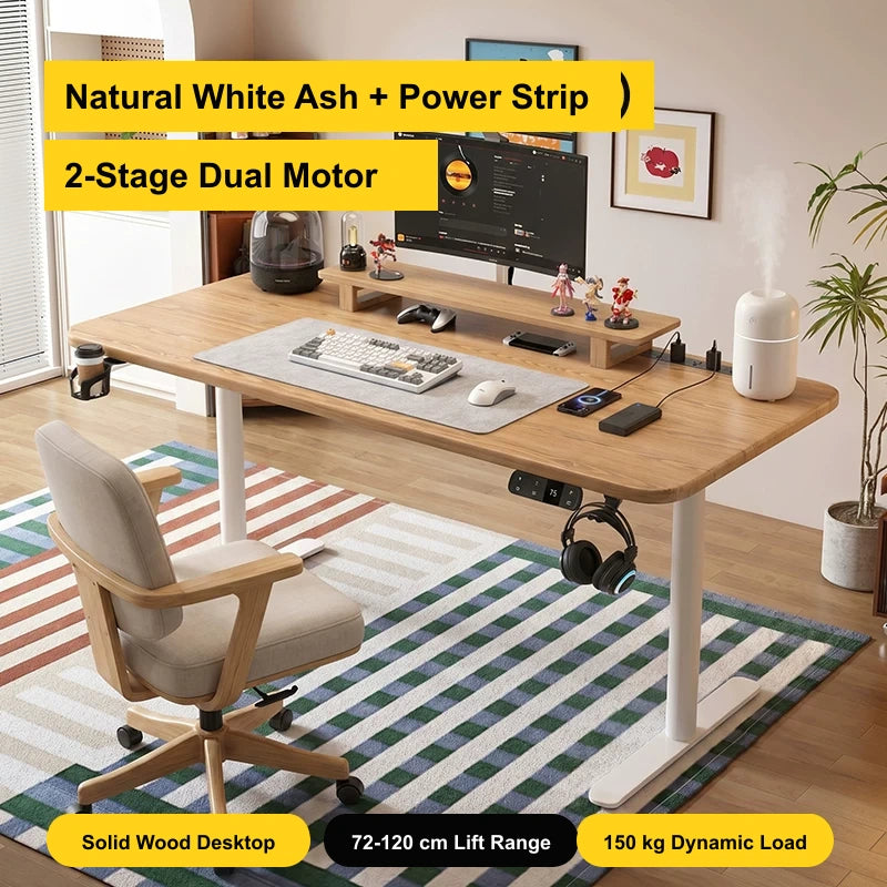 Natural white ash standing desk with white two-stage dual motors and power strip