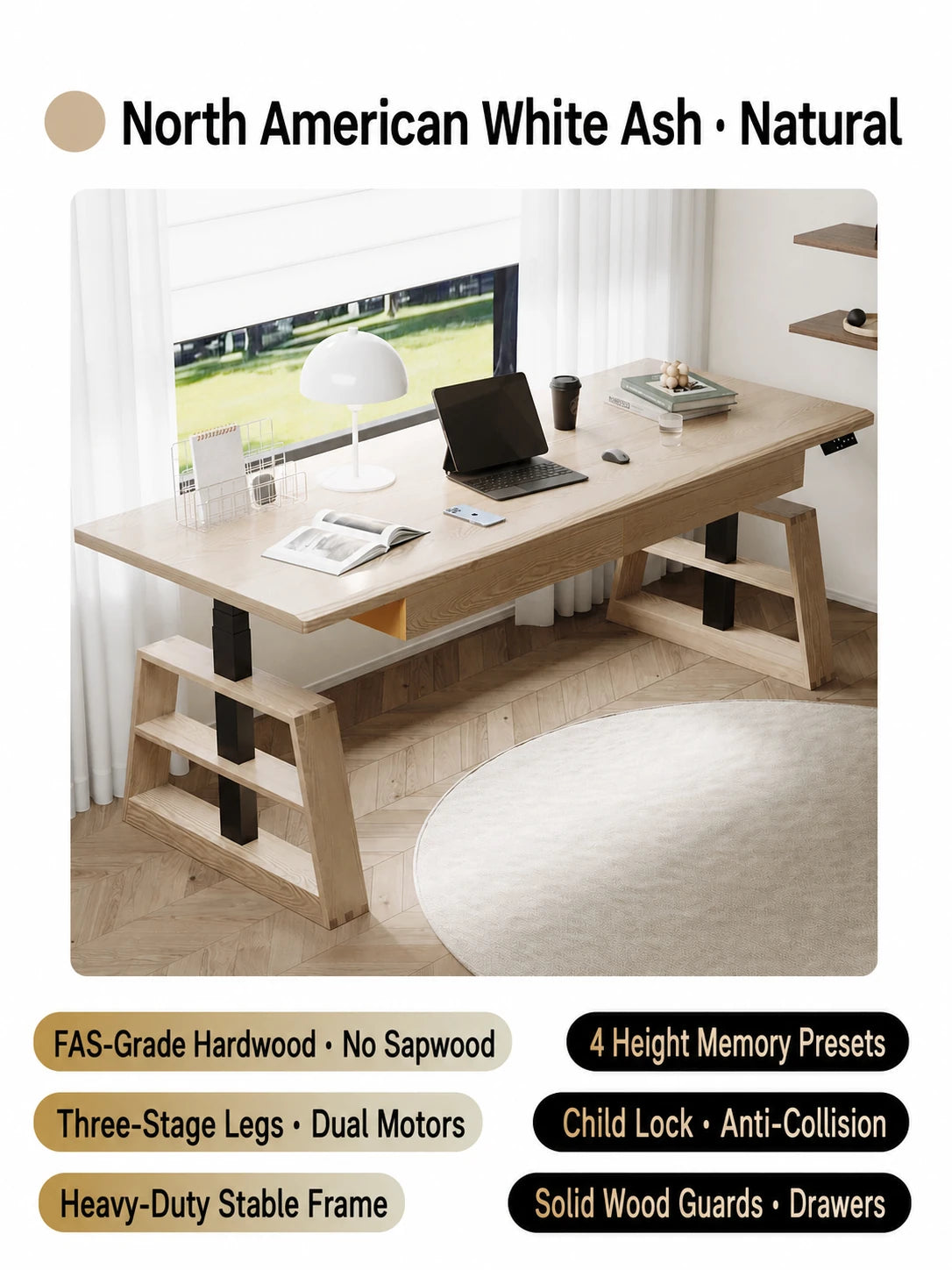 Natural white ash electric standing desk with drawers