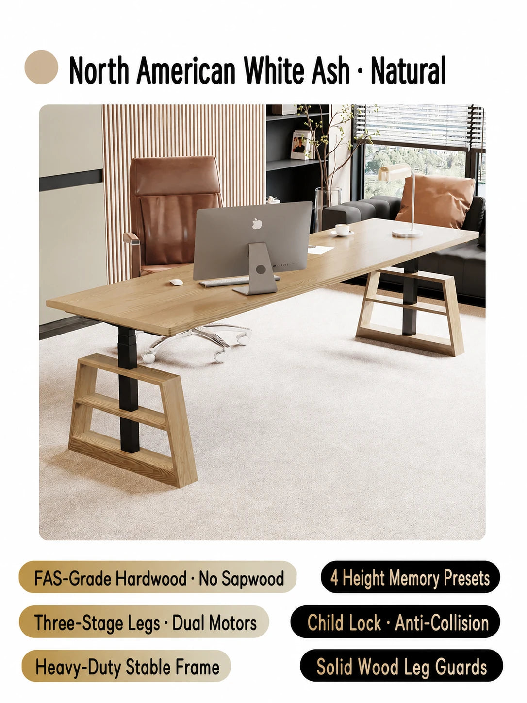 Natural white ash electric standing desk with wood leg guards