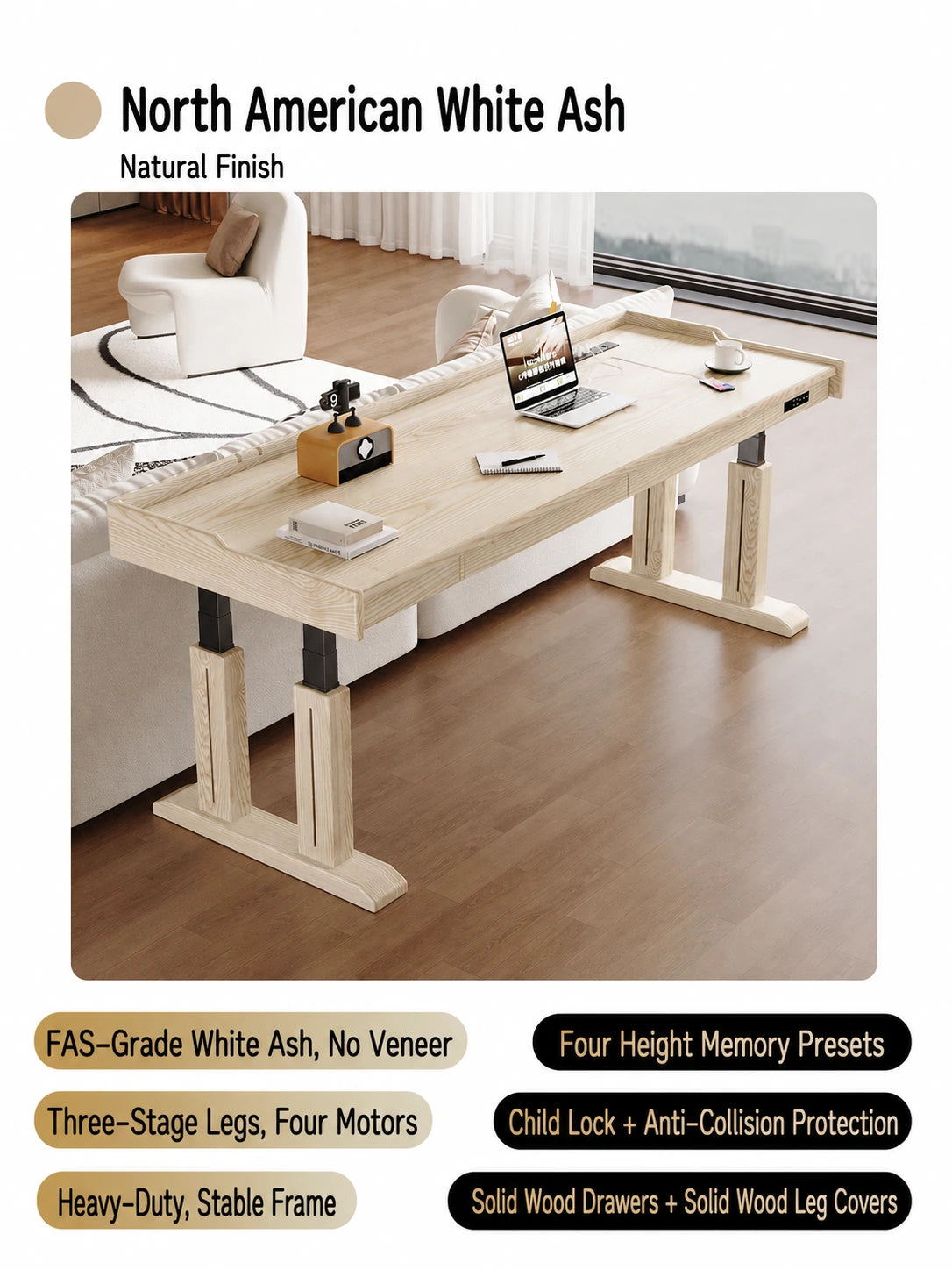 Natural white ash electric standing desk with four memory presets