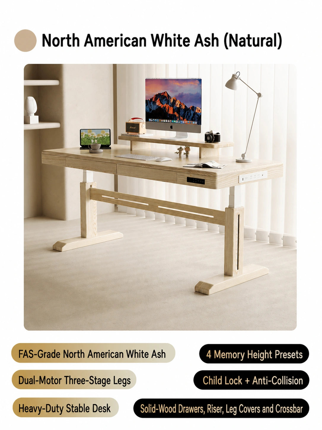 Natural white ash dual-motor electric standing desk with white legs