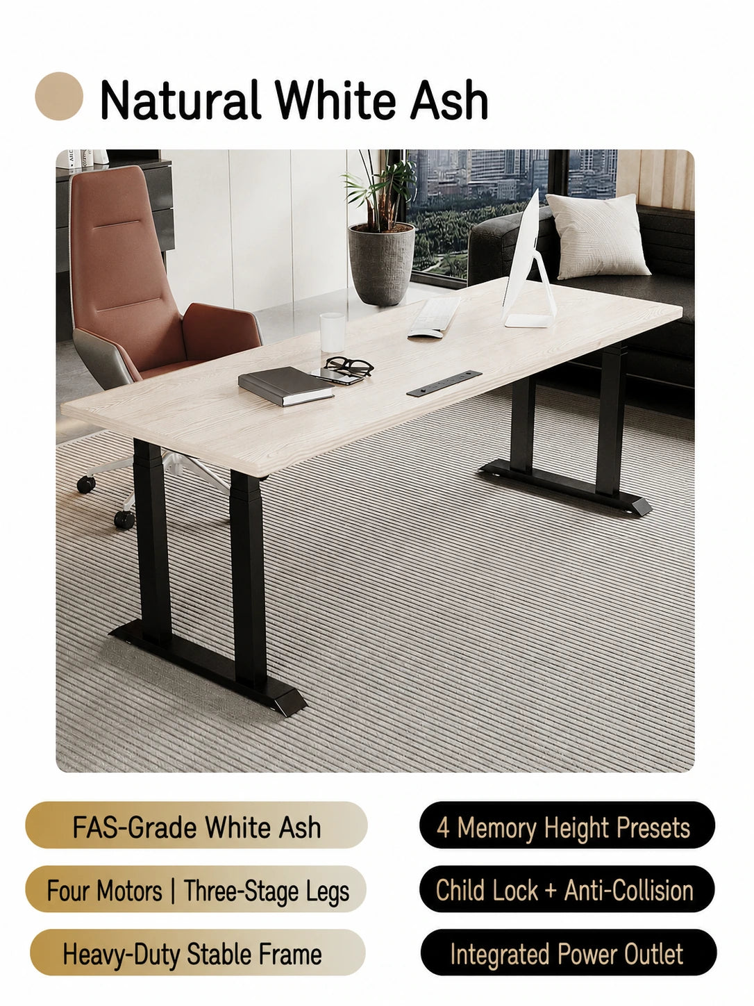Natural white ash four-motor electric standing desk