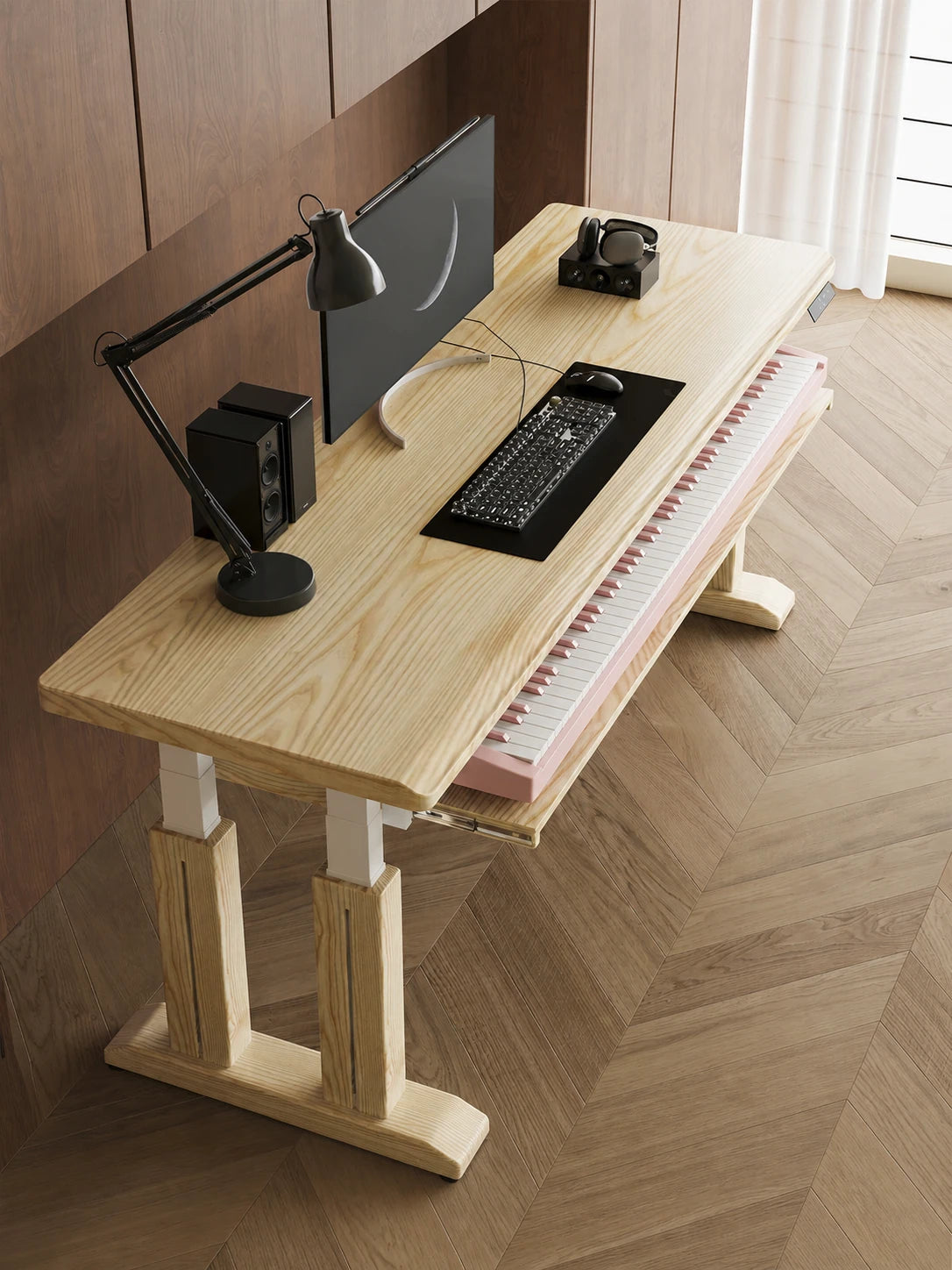Natural white ash electric standing desk in a bright home workspace