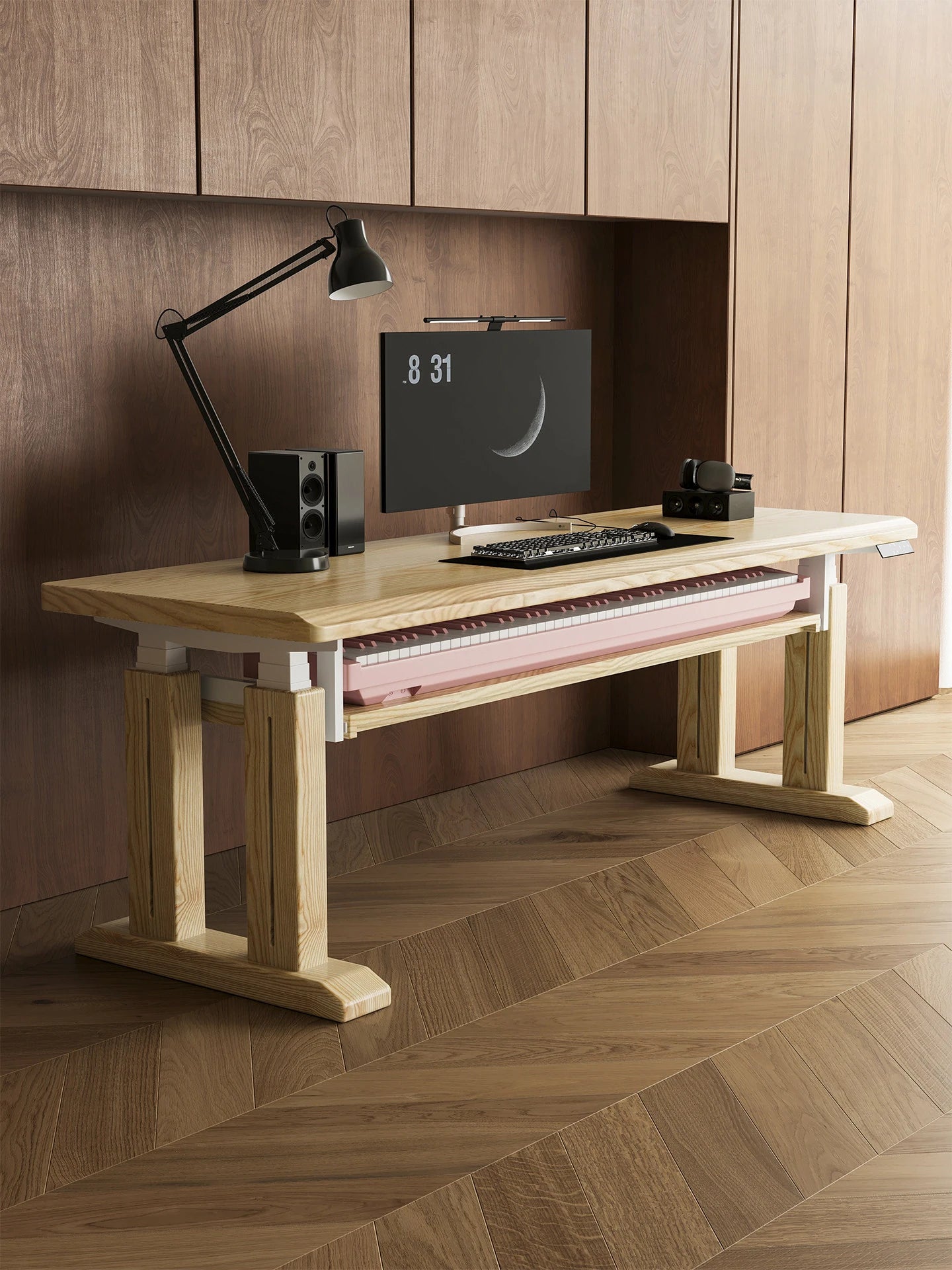 White ash electric standing desk with full-width piano keyboard tray