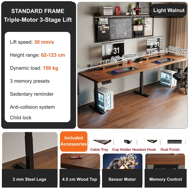 New Zealand pine double electric standing desk with 4.5 cm top and triple-motor 3-stage lift