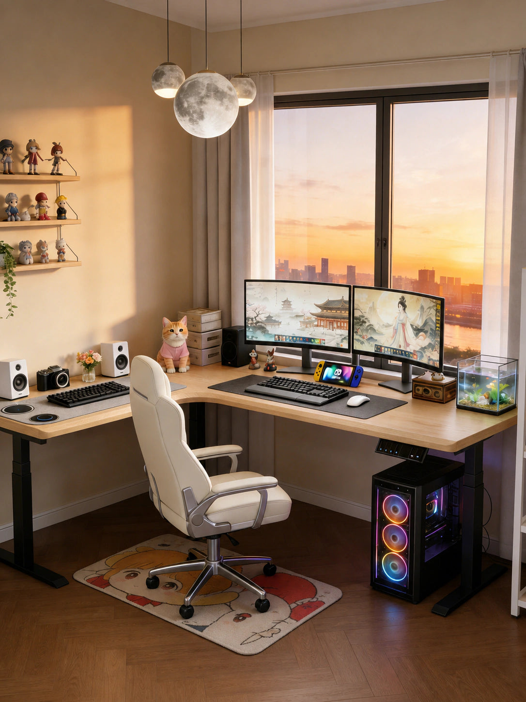 New Zealand pine L-shaped electric standing desk in a modern home office