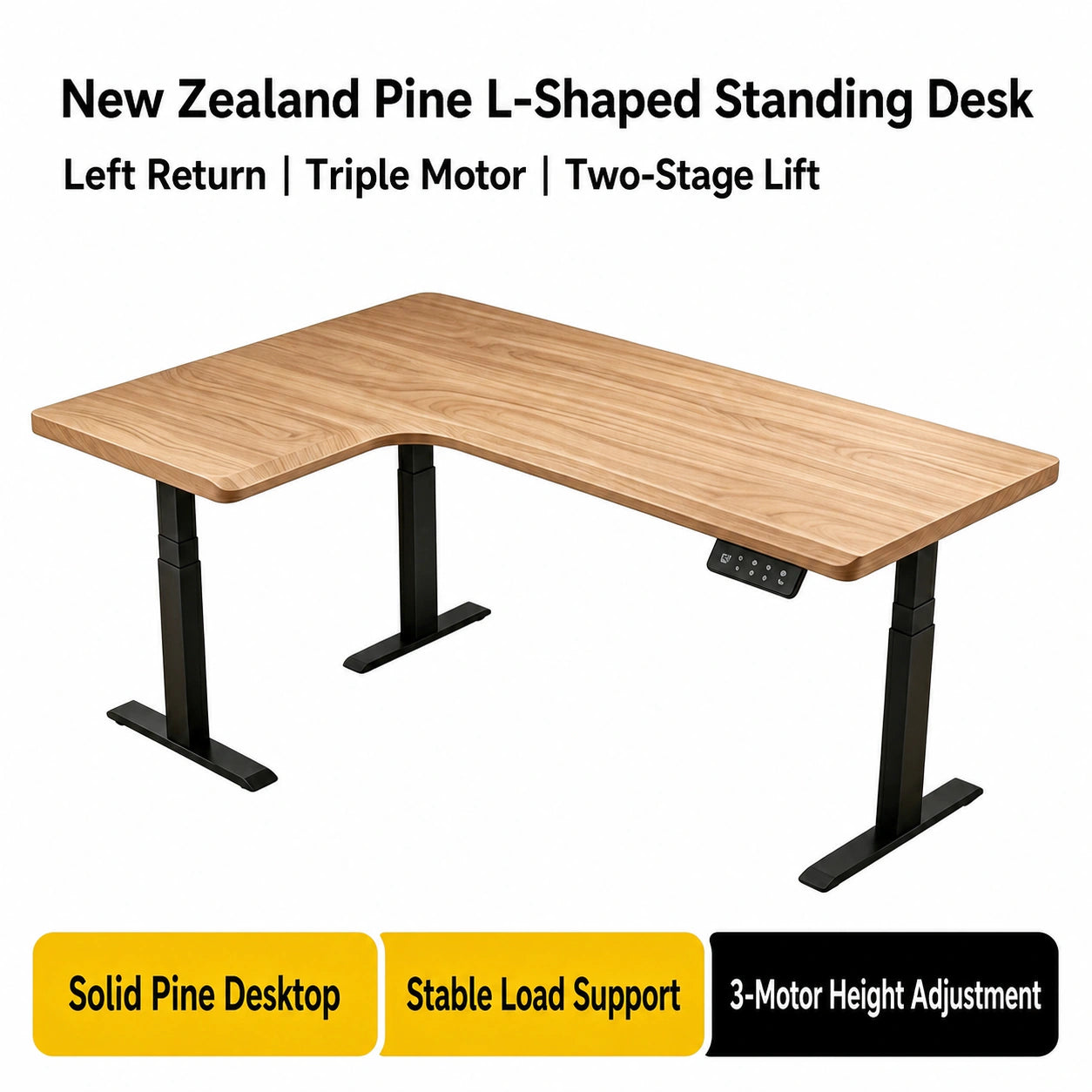 New Zealand pine L-shaped standing desk with left return and two-stage triple-motor frame