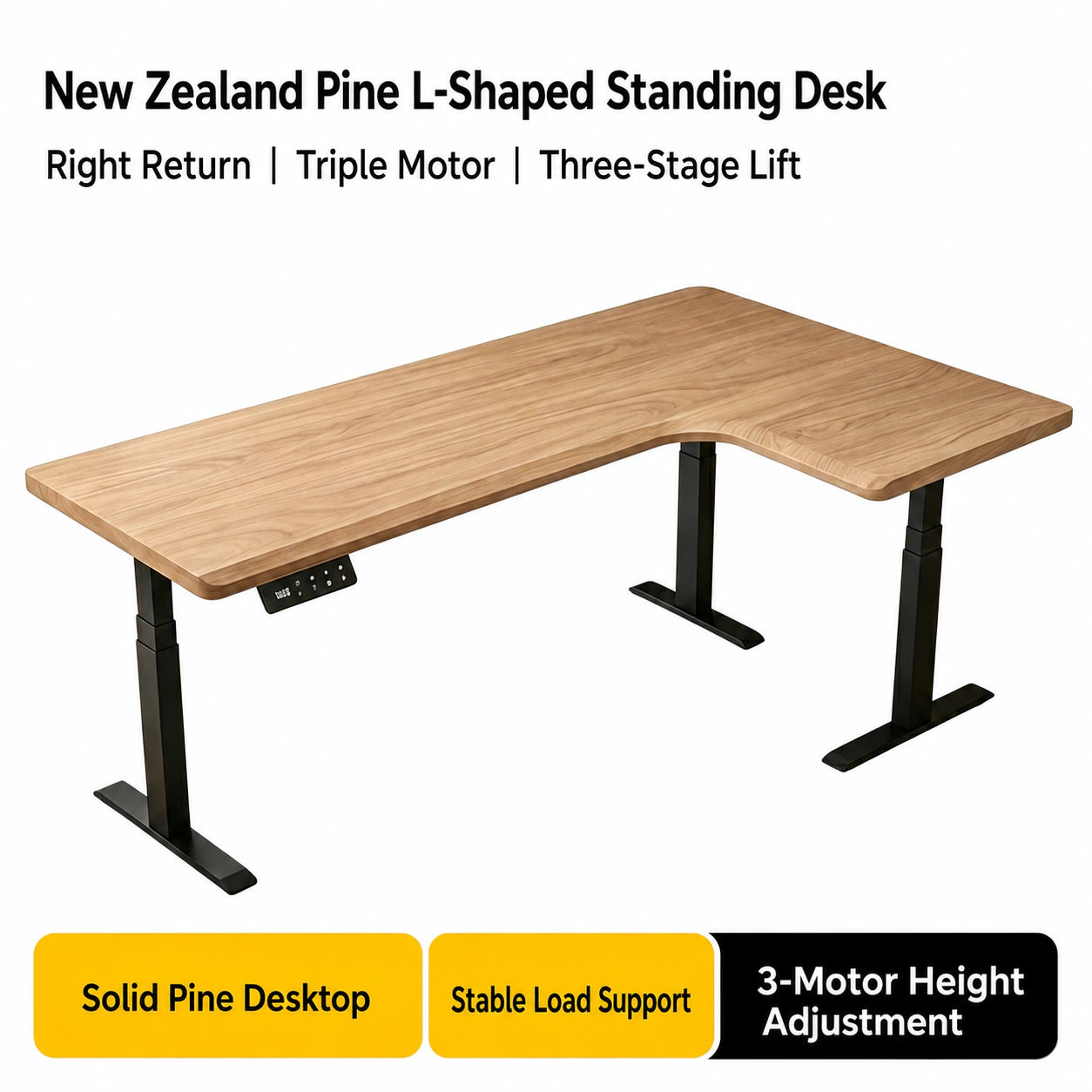 New Zealand pine L-shaped standing desk with right return and three-stage triple-motor frame