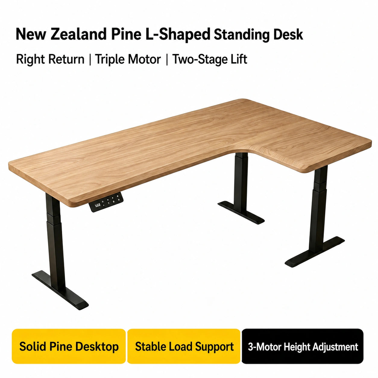 New Zealand pine L-shaped standing desk with right return and two-stage triple-motor frame