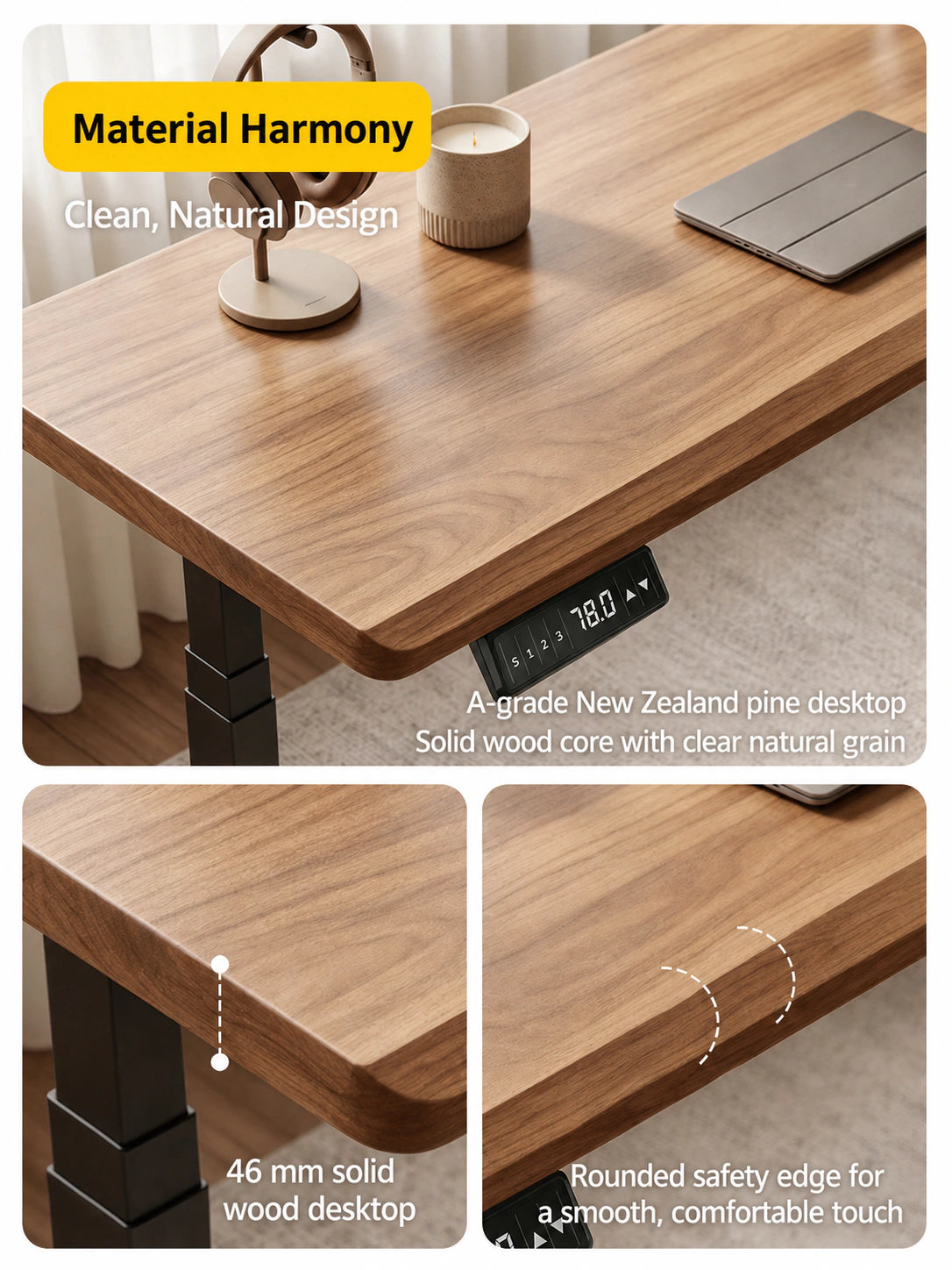 New Zealand pine standing desk desktop material and solid wood construction details