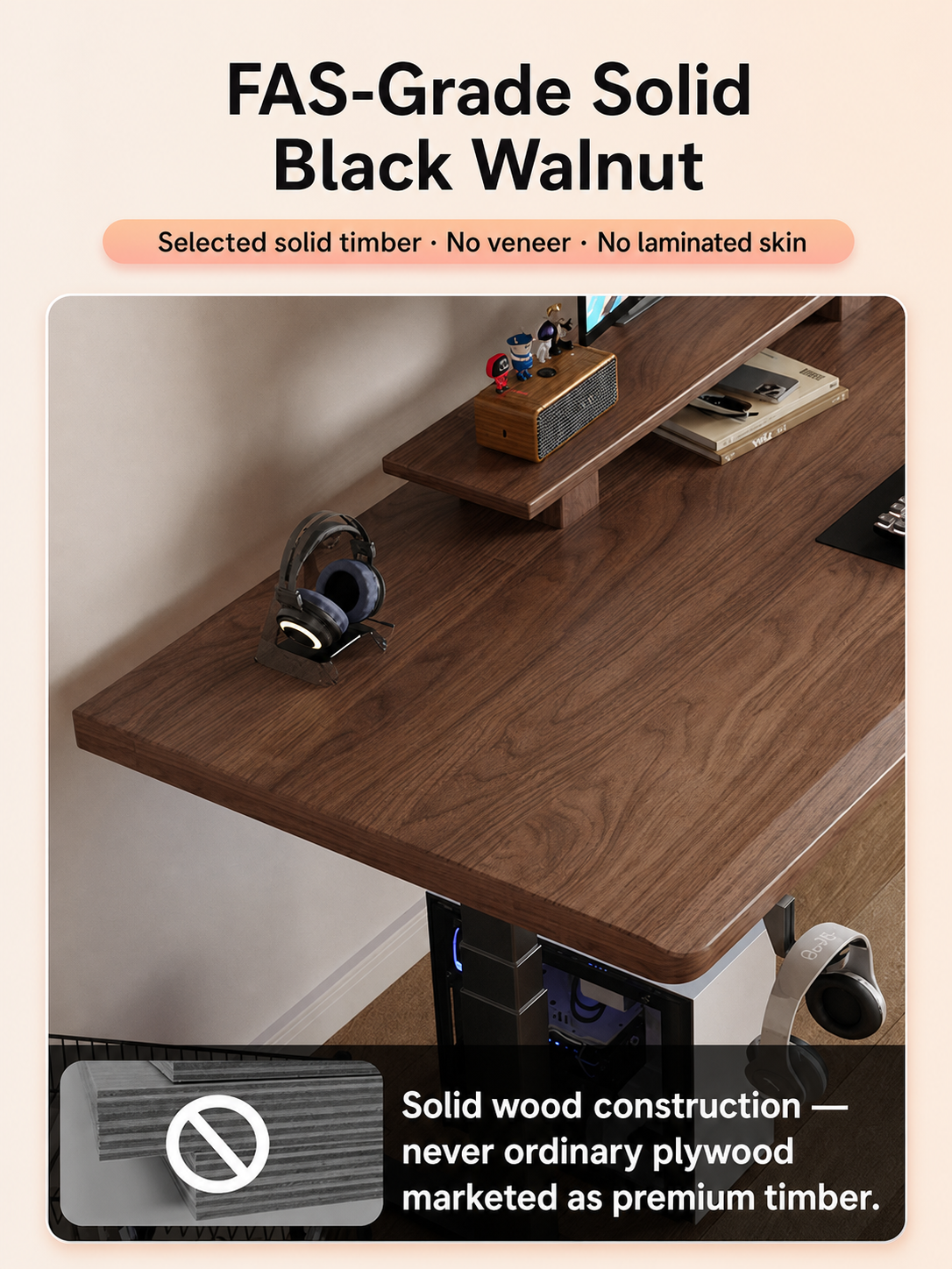 North American black walnut solid-wood standing desk desktop and natural grain