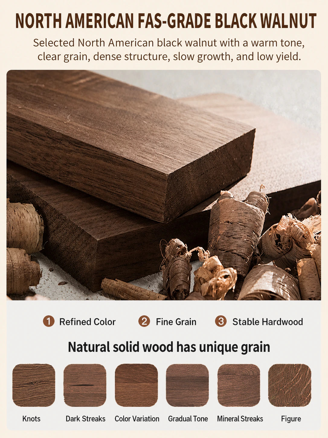 North American FAS-grade black walnut grain and natural wood characteristics