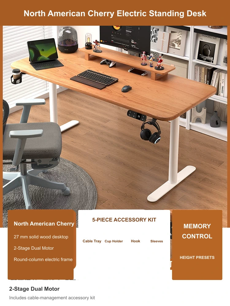North American Cherry electric standing desk with 2-stage dual motor and cable management accessory kit