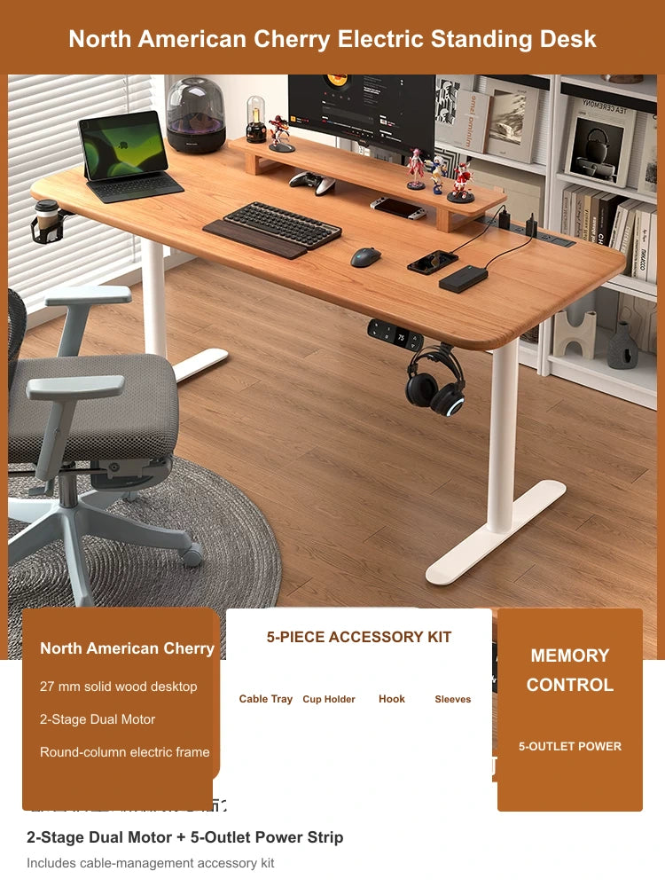 North American Cherry electric standing desk with 2-stage dual motor, built-in 5-outlet power strip and cable management accessory kit