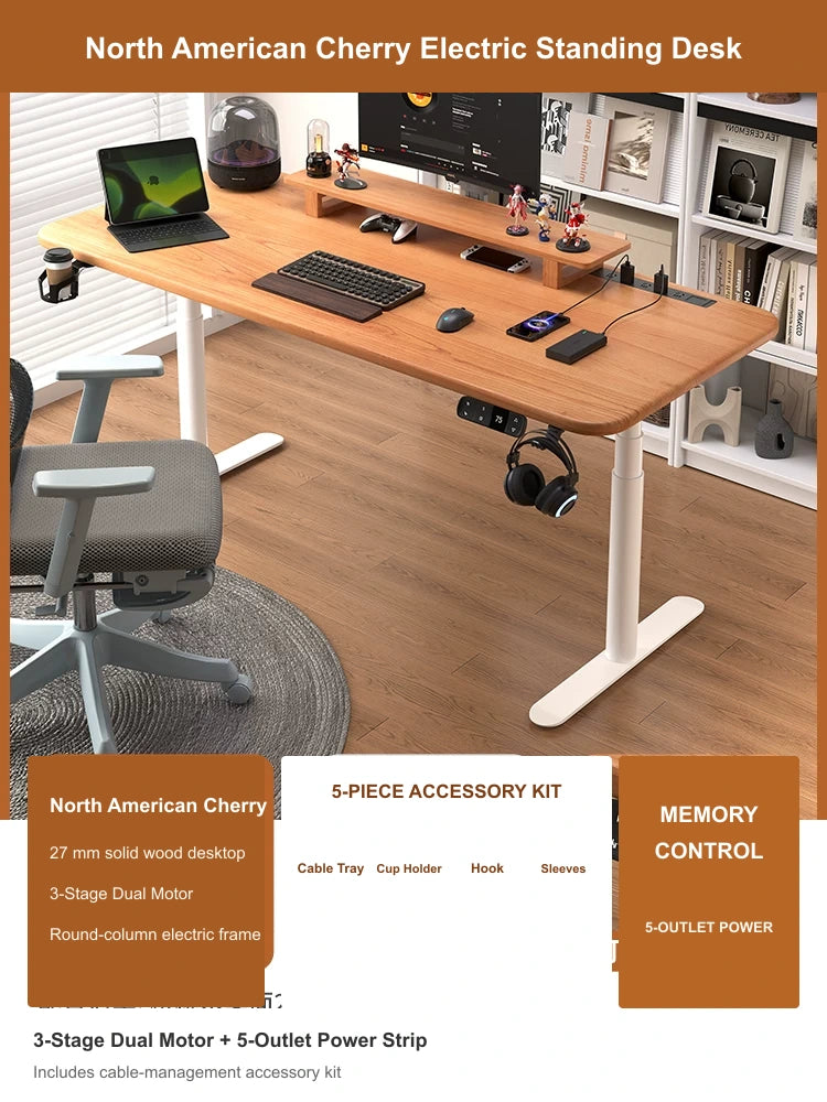 North American Cherry electric standing desk with 3-stage dual motor, built-in 5-outlet power strip and cable management accessory kit