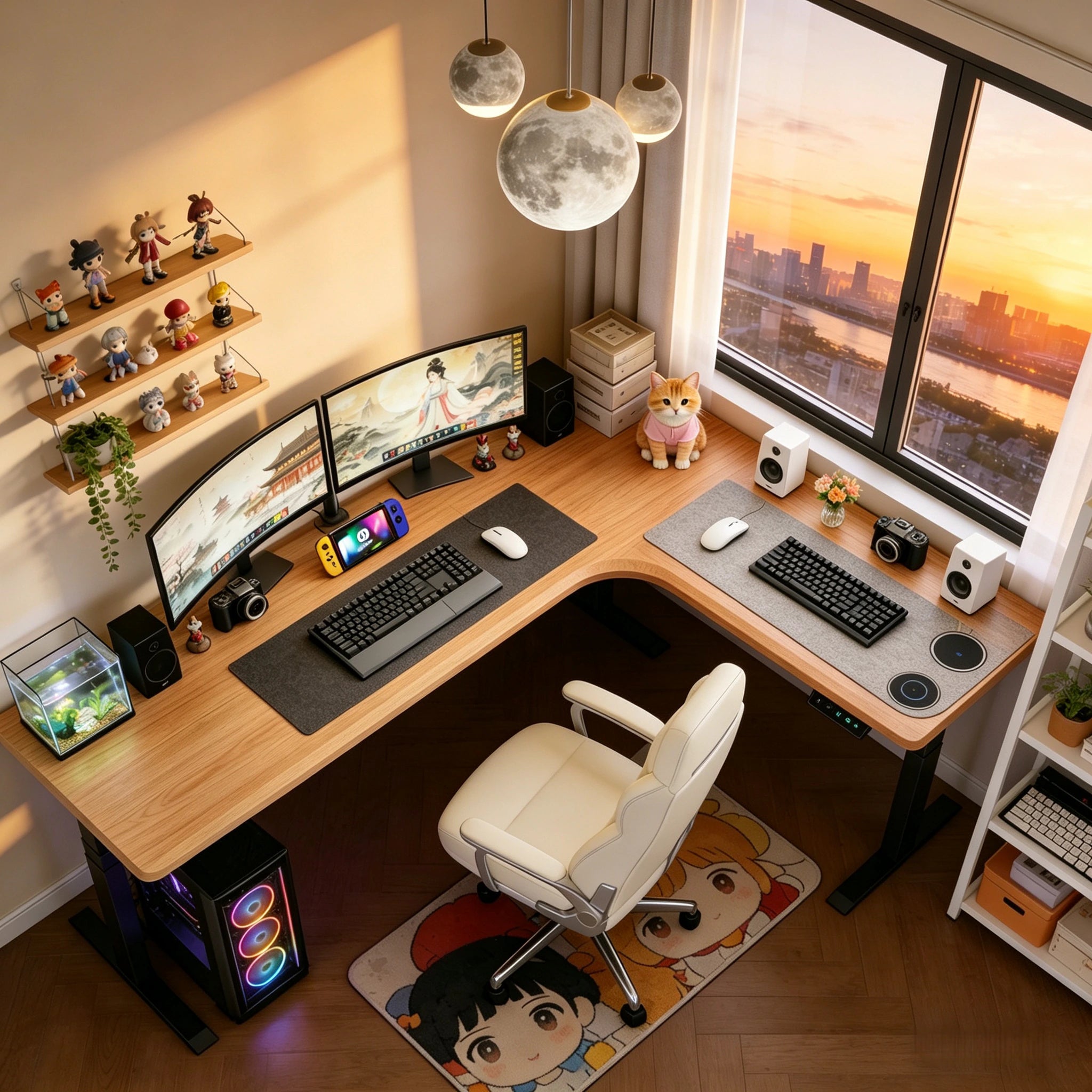 North American cherry L-shaped standing desk with right return
