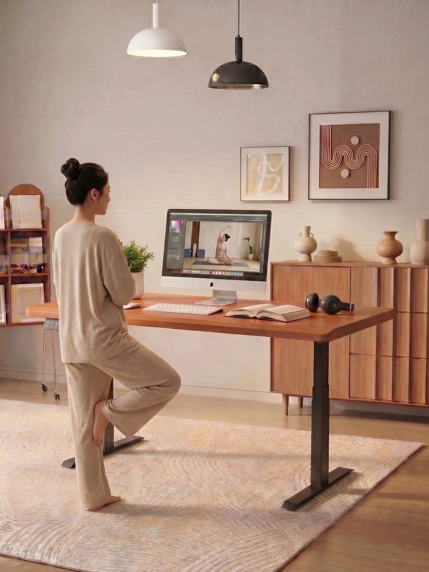 North American cherry dual-motor standing desk in a warm home office