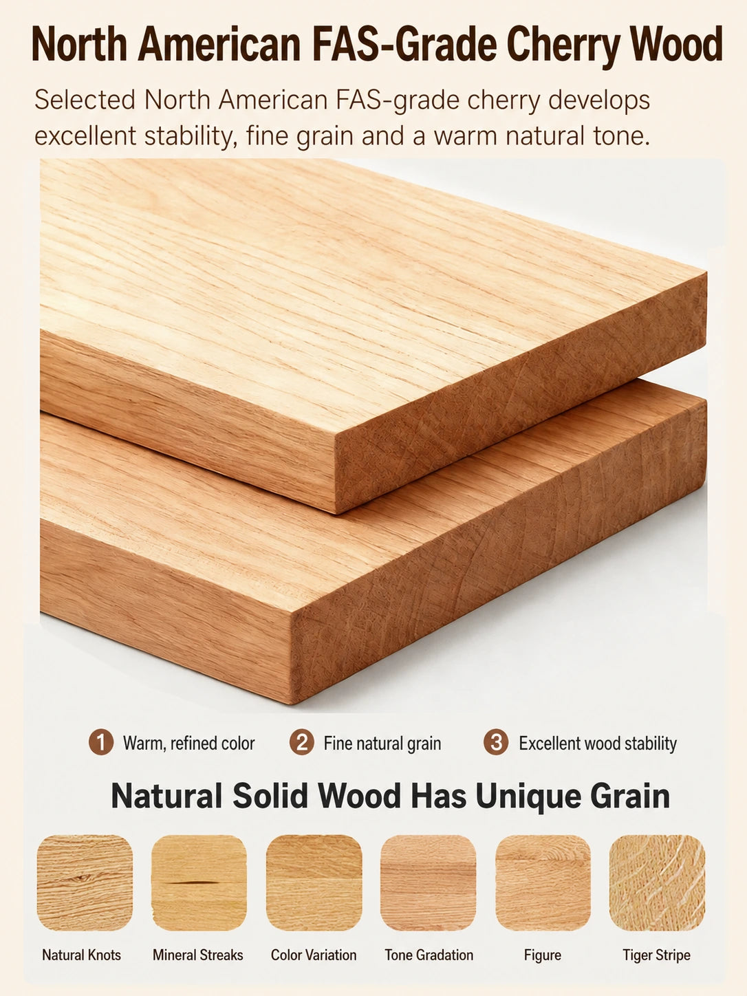 North American FAS-grade cherry wood grain and natural desktop characteristics