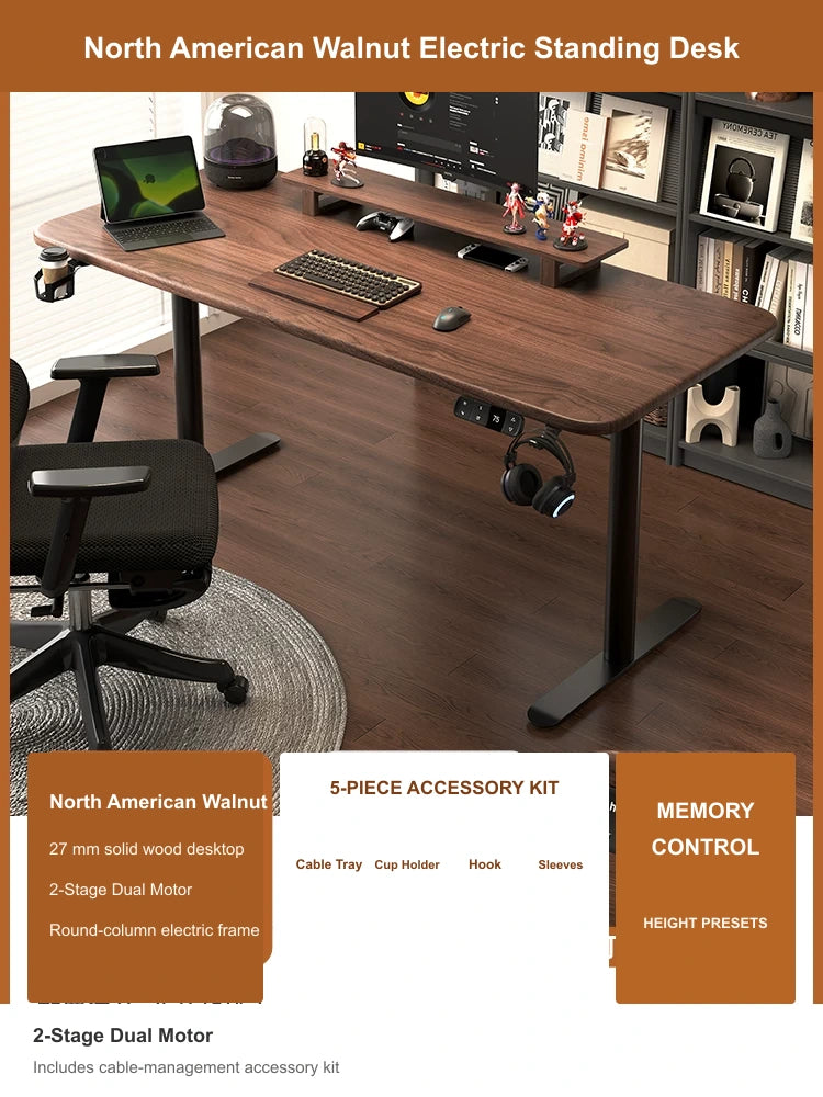 North American Walnut electric standing desk with 2-stage dual motor and cable management accessory kit