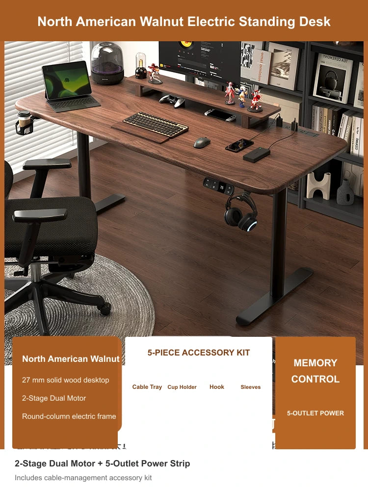 North American Walnut electric standing desk with 2-stage dual motor, built-in 5-outlet power strip and cable management accessory kit