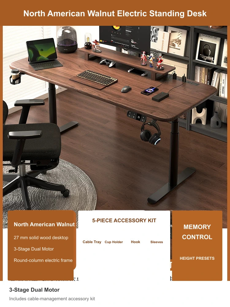 North American Walnut electric standing desk with 3-stage dual motor and cable management accessory kit