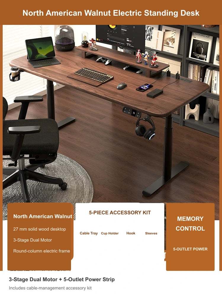North American Walnut electric standing desk with 3-stage dual motor, built-in 5-outlet power strip and cable management accessory kit