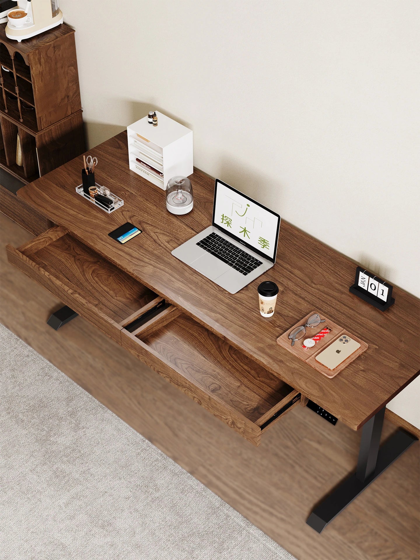North American black walnut electric standing desk in a modern home office