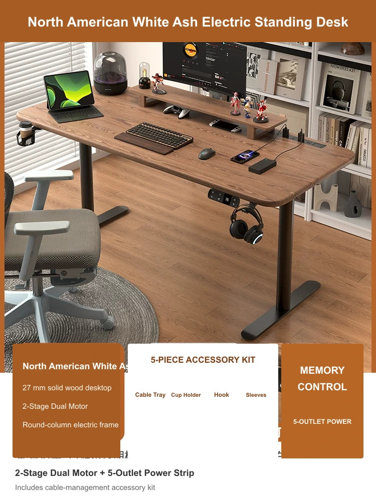 North American White Ash electric standing desk with 2-stage dual motor, built-in 5-outlet power strip and cable management accessory kit