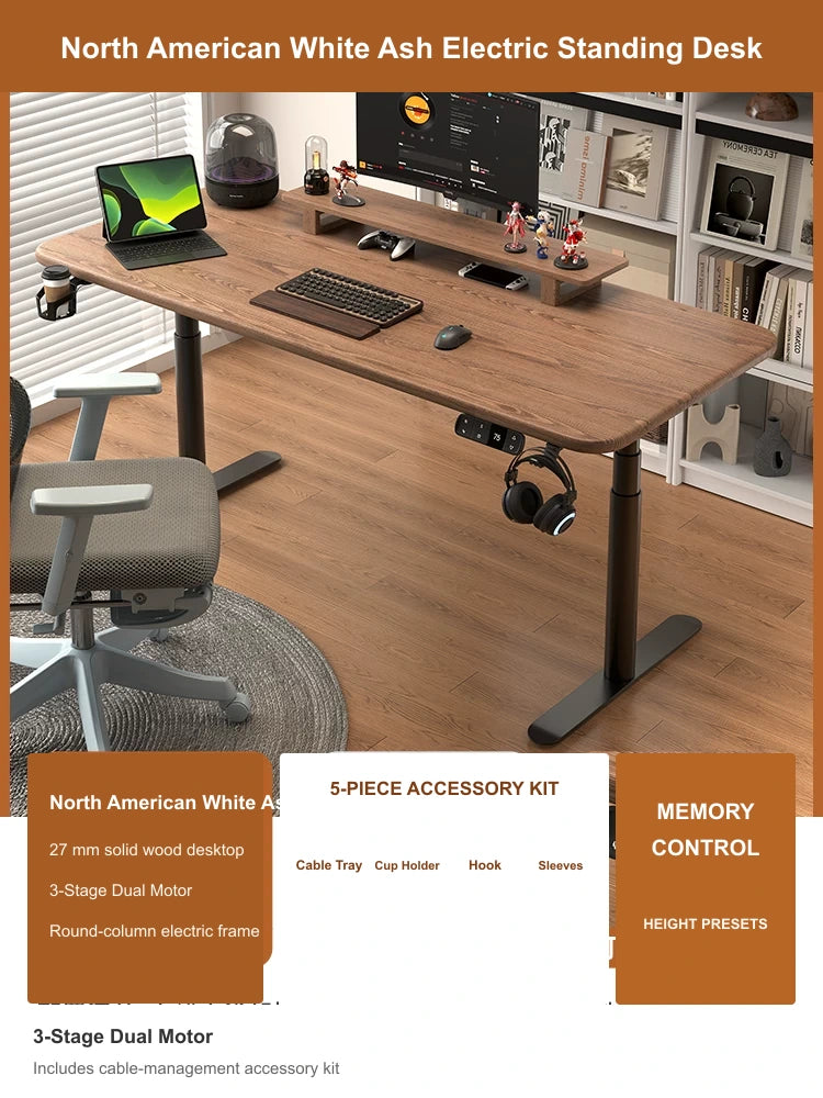 North American White Ash electric standing desk with 3-stage dual motor and cable management accessory kit