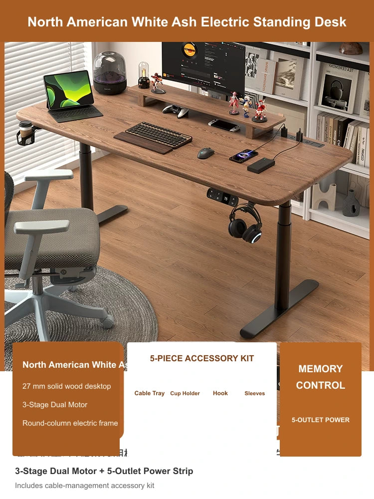 North American White Ash electric standing desk with 3-stage dual motor, built-in 5-outlet power strip and cable management accessory kit
