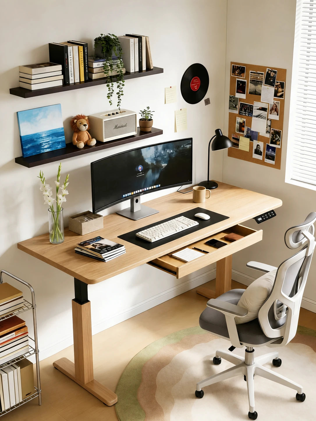 North American white ash electric standing desk with wood-clad legs in a home office
