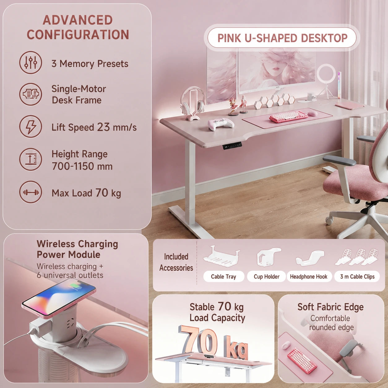 pink electric standing desk with wireless charging power module and cable management