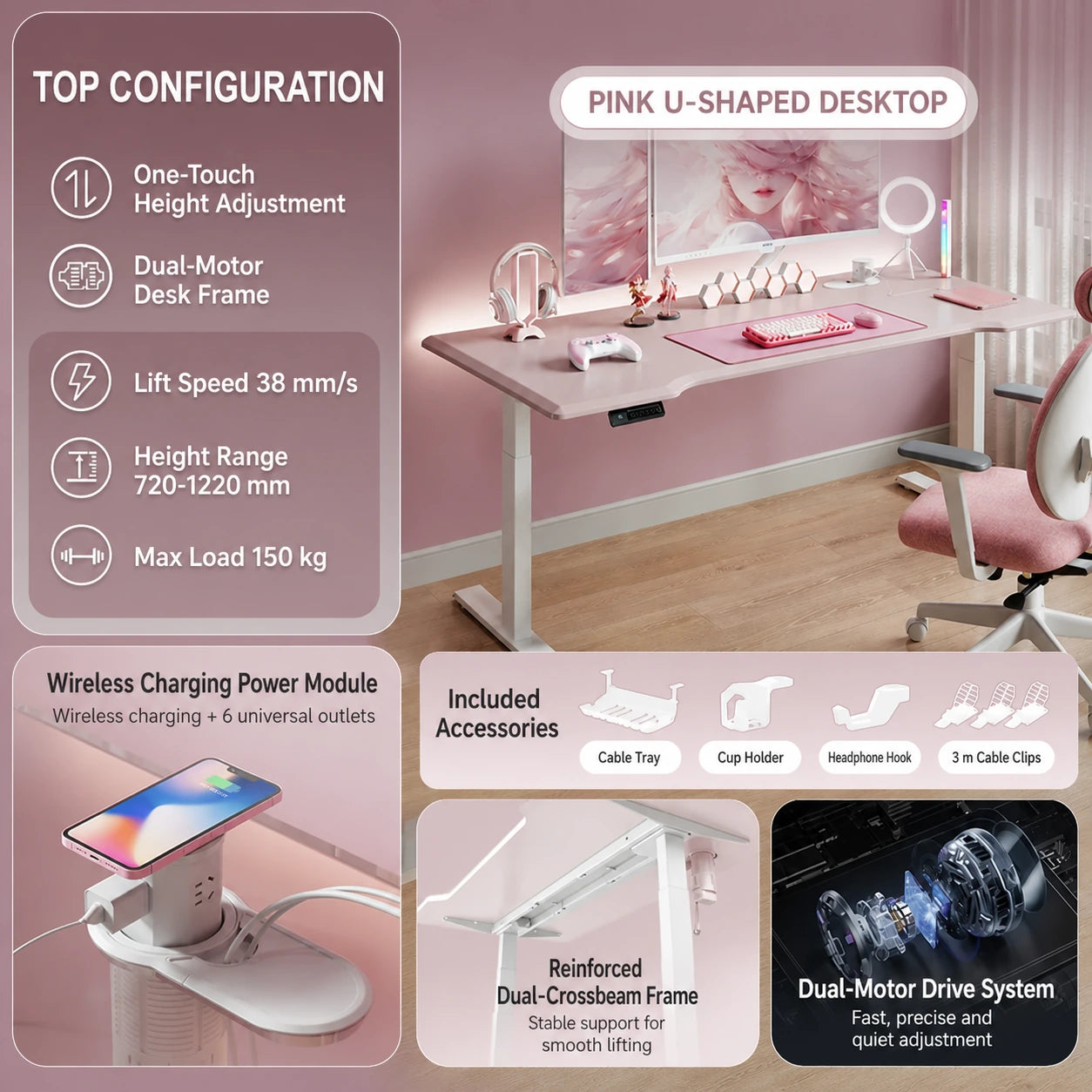 pink U-shaped dual-motor electric standing desk with wireless charging power module