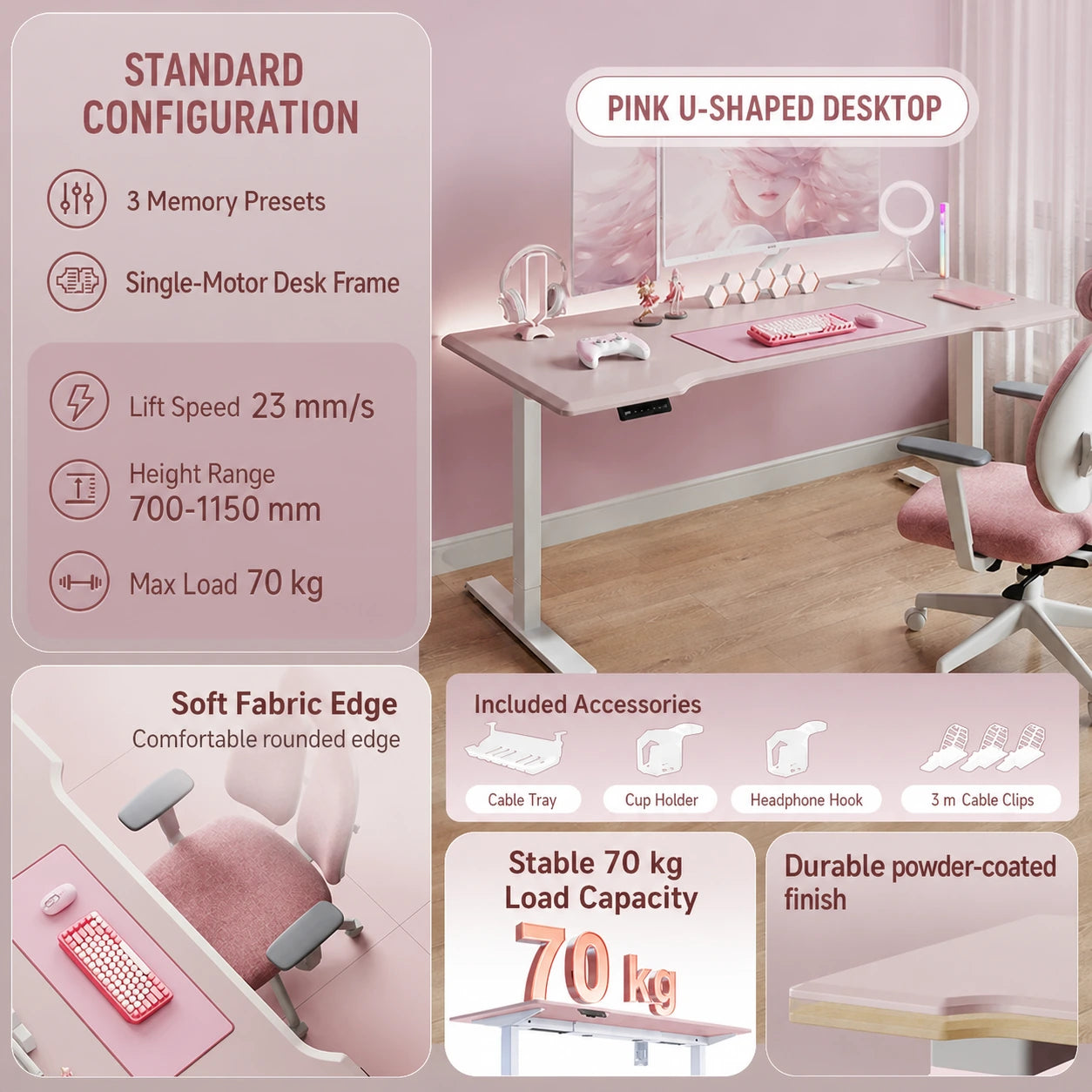 pink U-shaped single-motor electric standing desk with memory presets