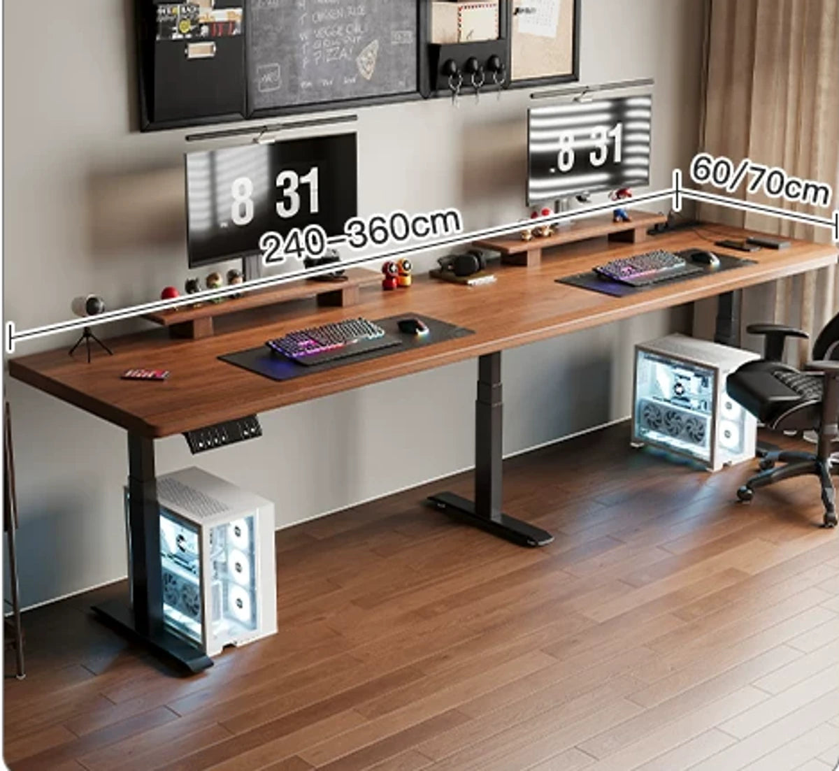 Three-stage three-motor standing desk with built-in power strip in light walnut