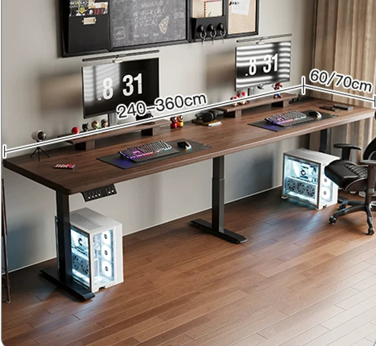 Two-stage three-motor standing desk with built-in power strip in black walnut