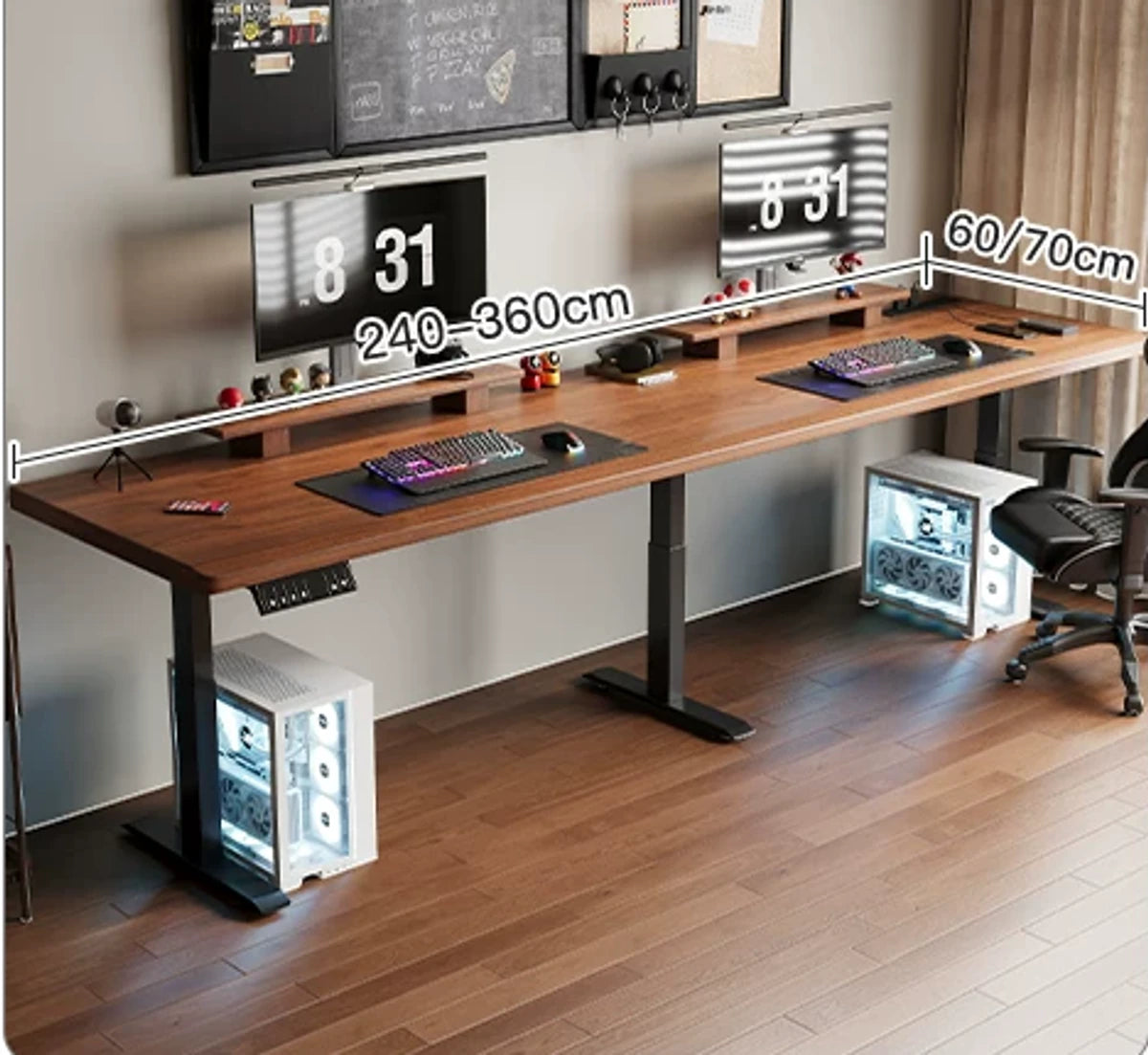 Two-stage three-motor standing desk with built-in power strip in light walnut