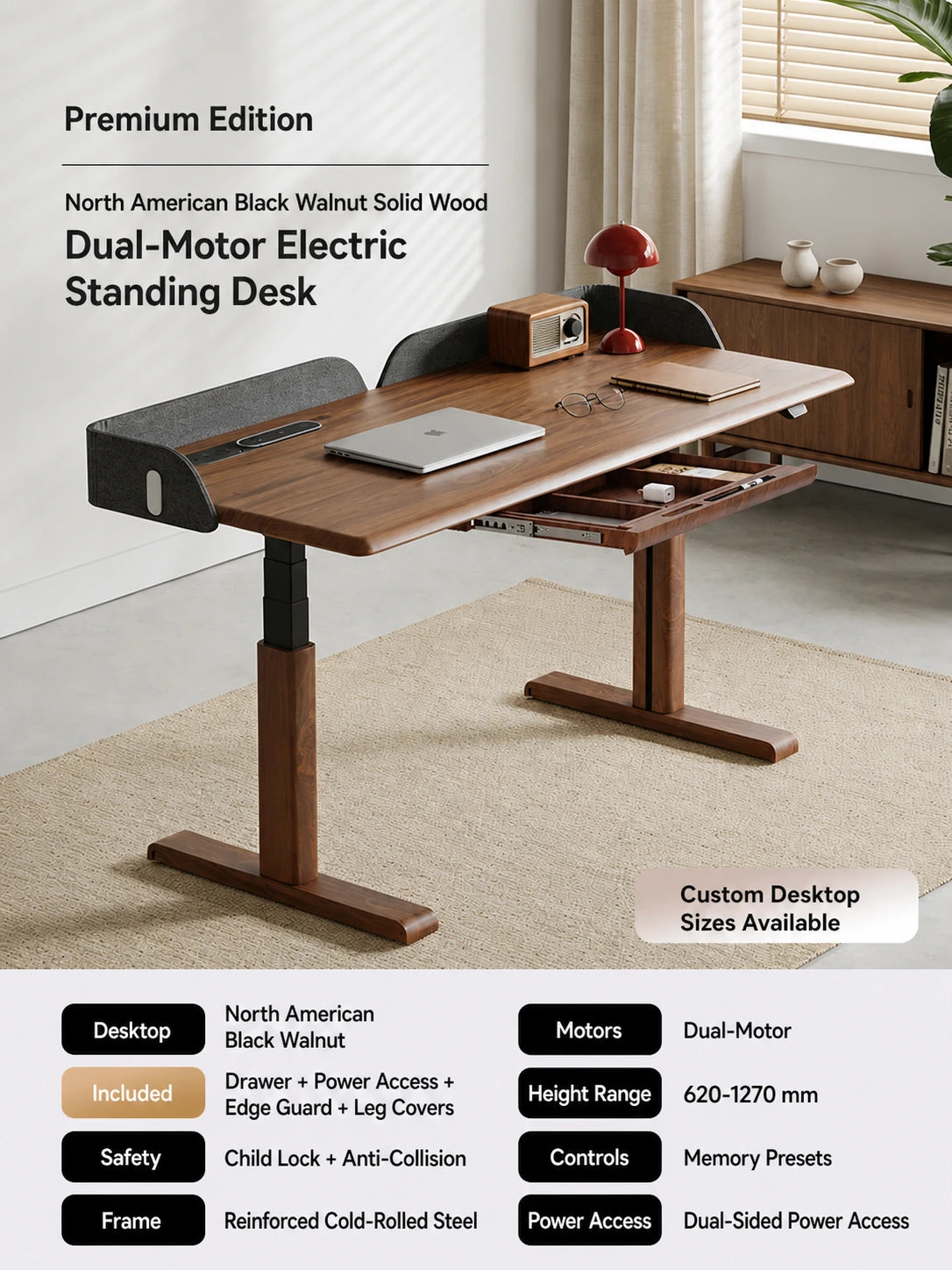 premium / black walnut solid wood dual-motor electric standing desk with drawer