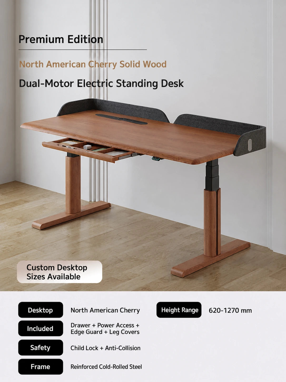 premium / cherry solid wood dual-motor electric standing desk with drawer