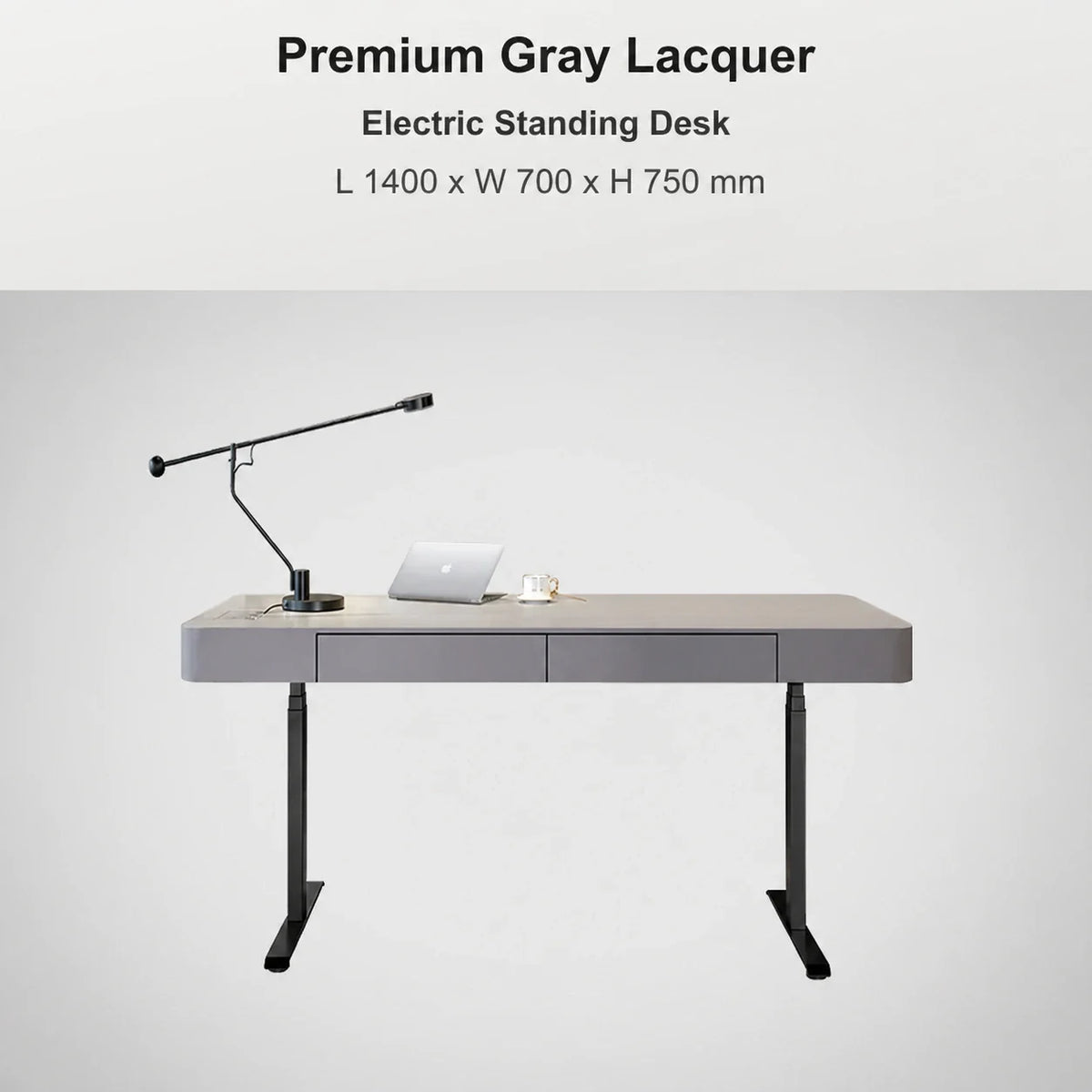 Premium gray electric standing desk for executive office, 1400 x 700 x 750 mm