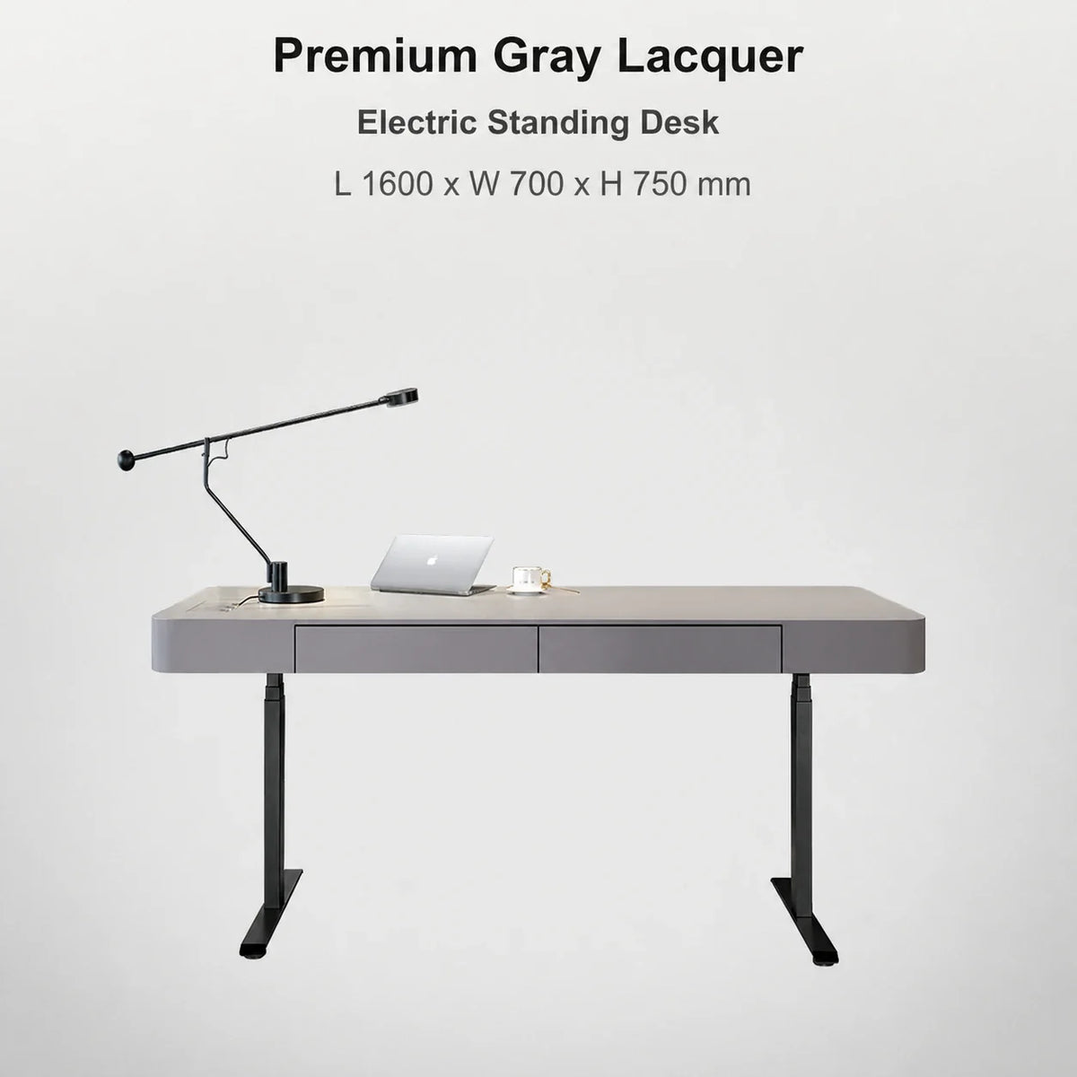 Premium gray electric standing desk for executive office, 1600 x 700 x 750 mm