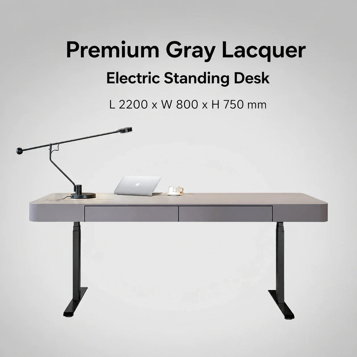 Premium gray electric standing desk for executive office, 2200 x 800 x 750 mm