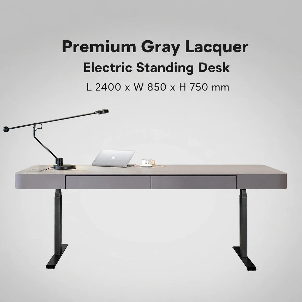 Premium gray electric standing desk for executive office, 2400 x 850 x 750 mm