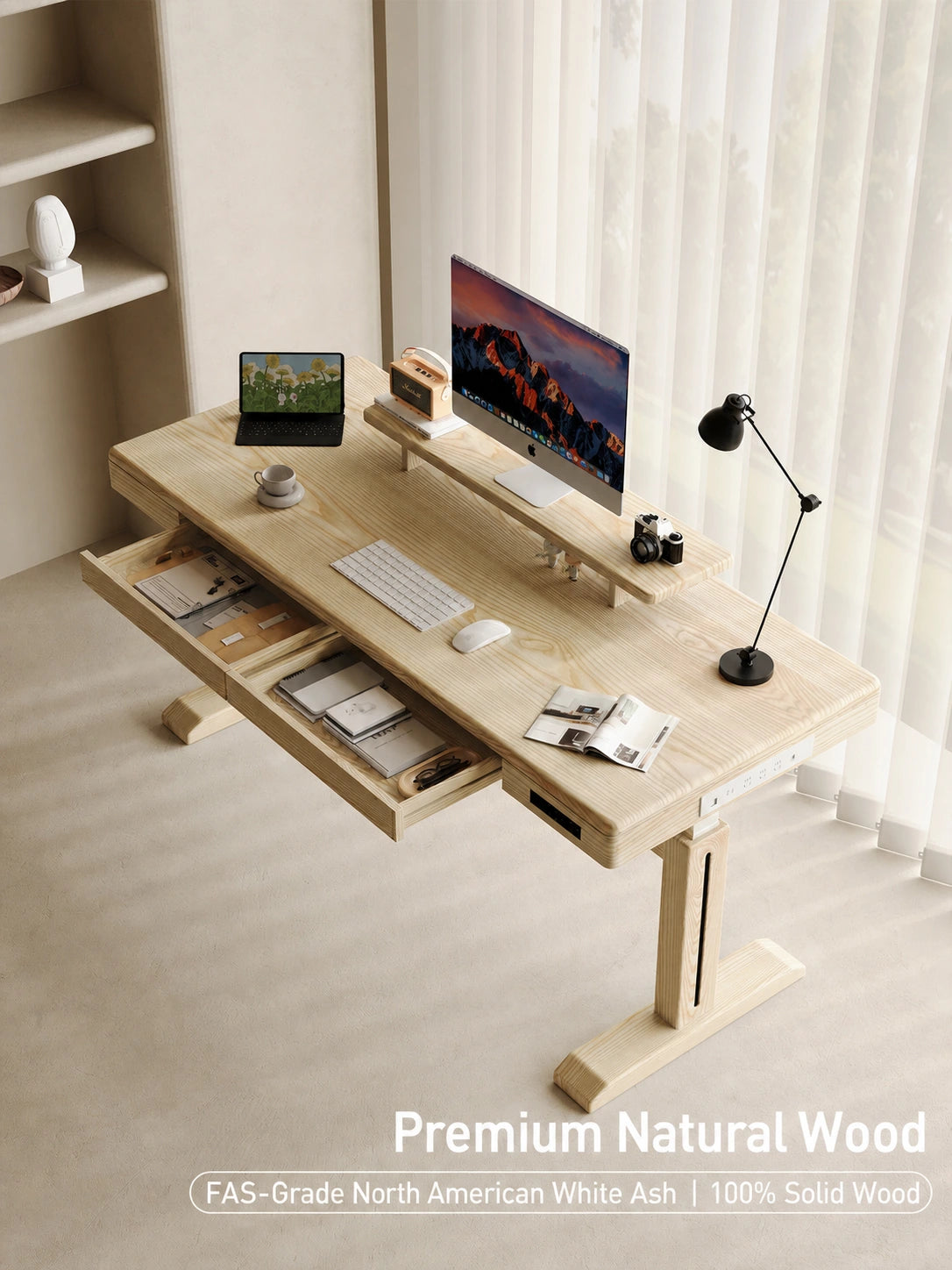 Natural white ash electric standing desk made from FAS-grade solid wood