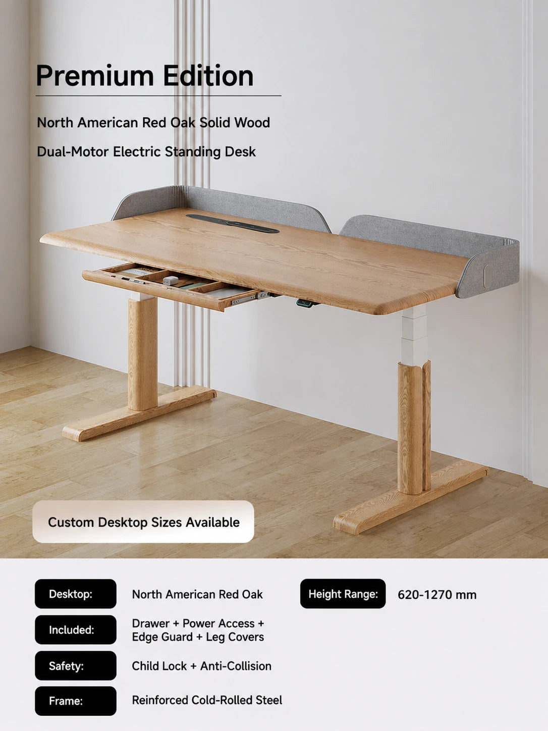 premium / red oak solid wood dual-motor electric standing desk with drawer