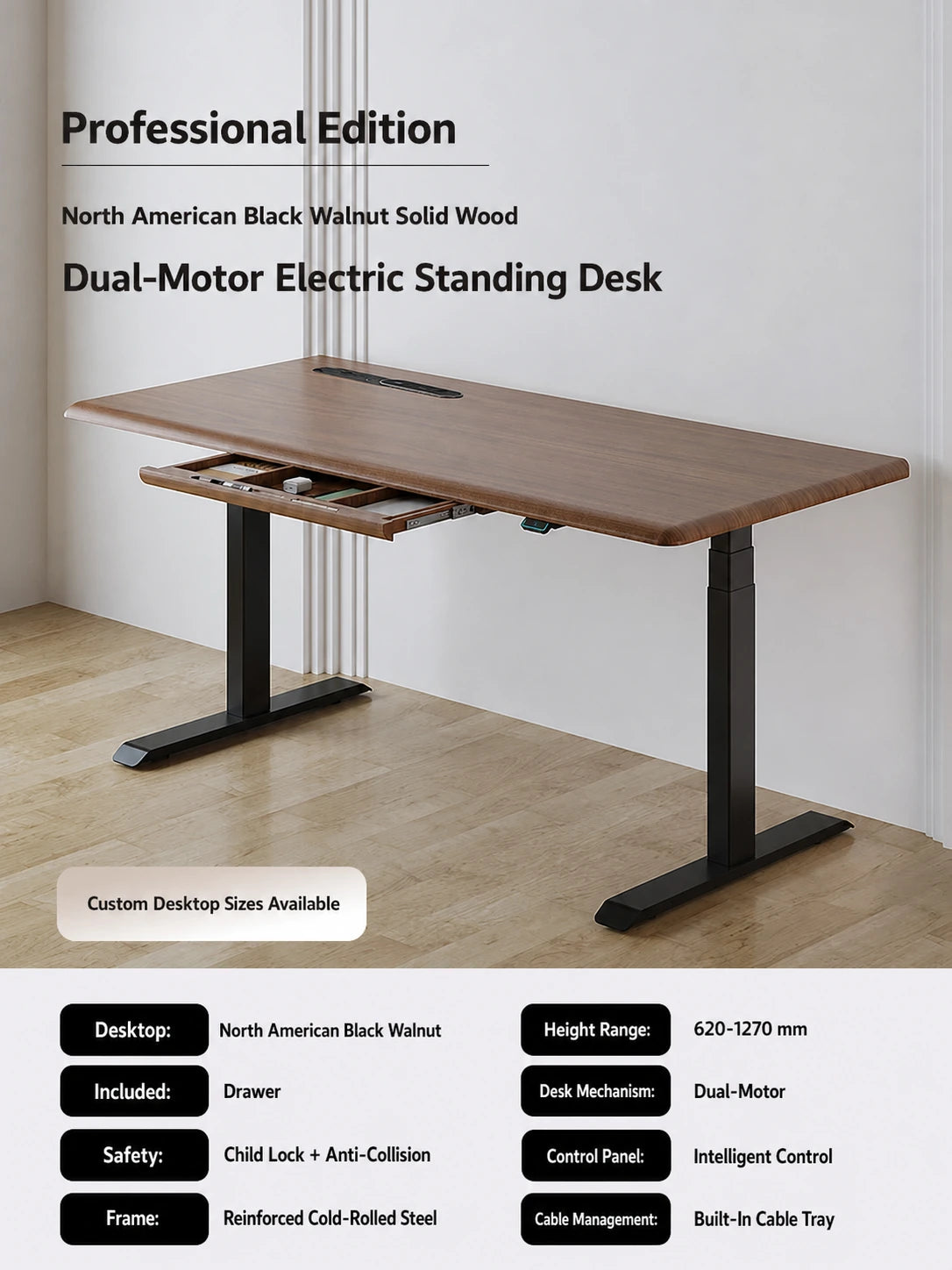 professional / black walnut solid wood dual-motor electric standing desk with drawer