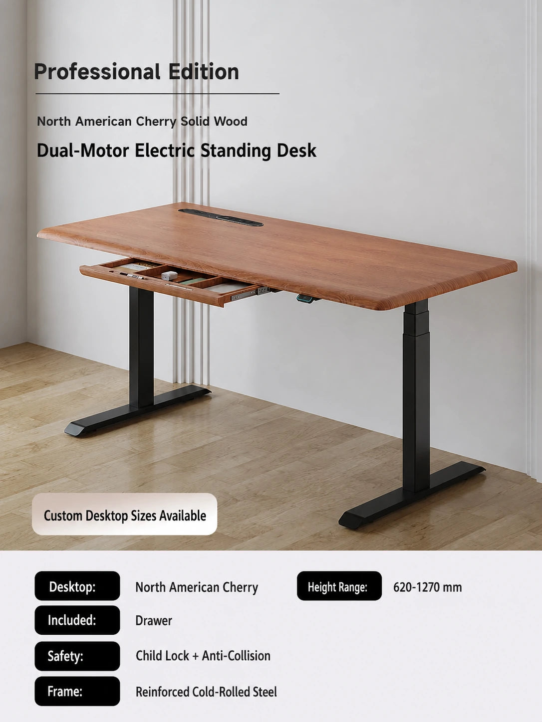 professional / cherry solid wood dual-motor electric standing desk with drawer