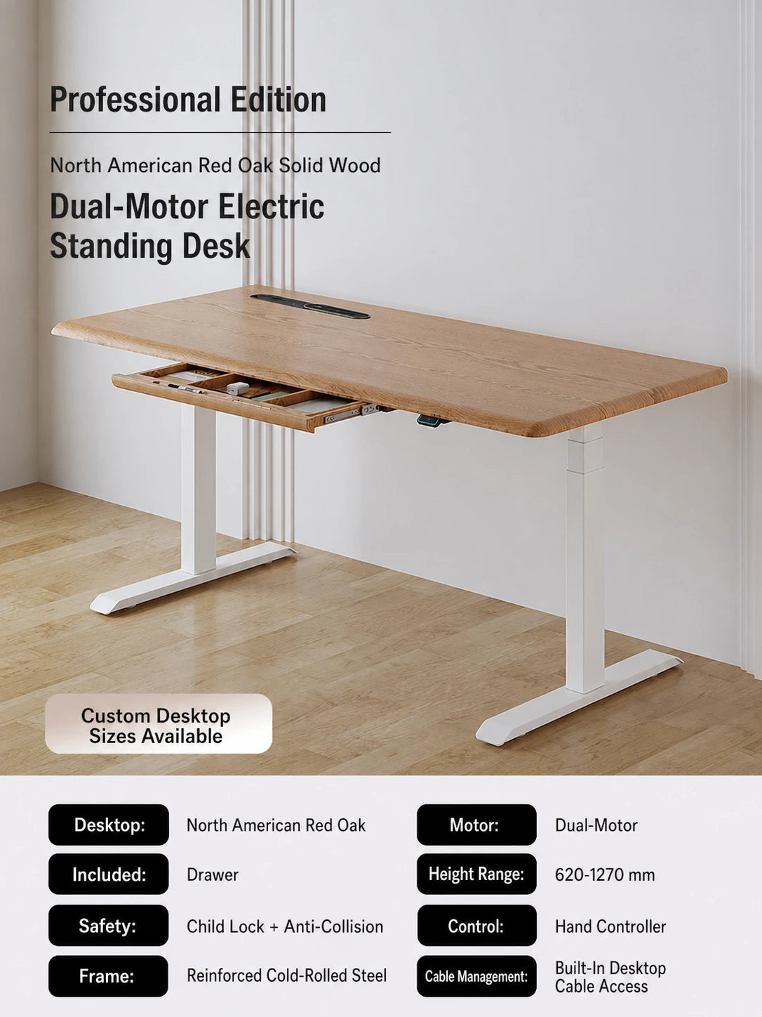 professional / red oak solid wood dual-motor electric standing desk with drawer