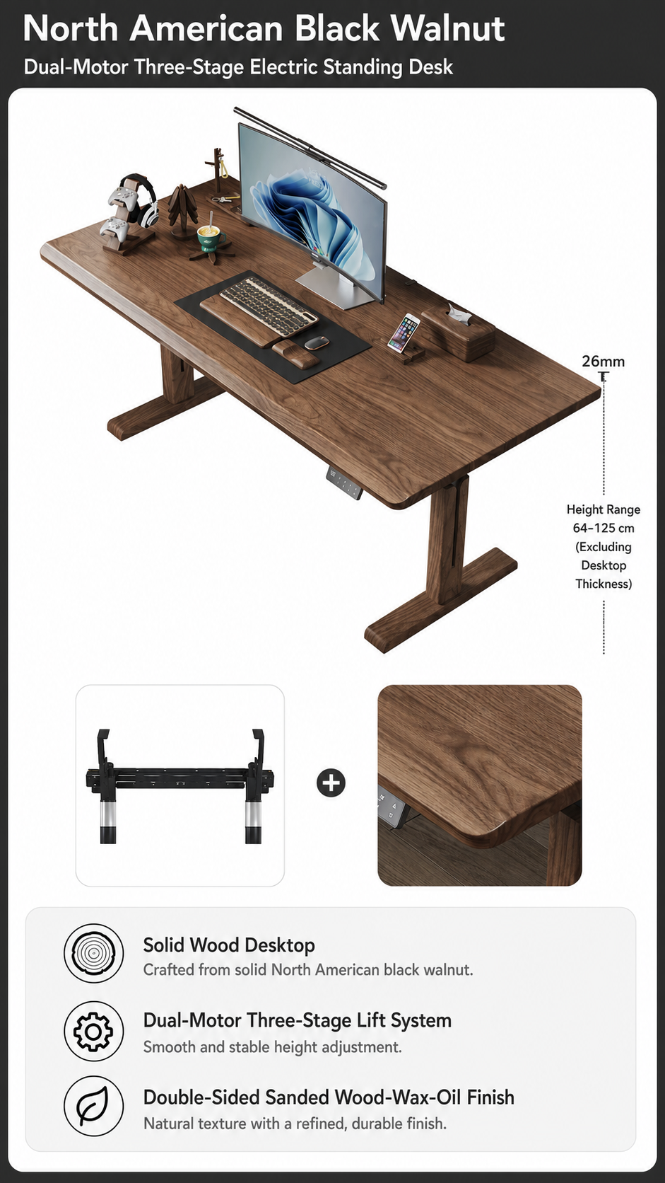 North American black walnut 26 mm dual-motor standing desk