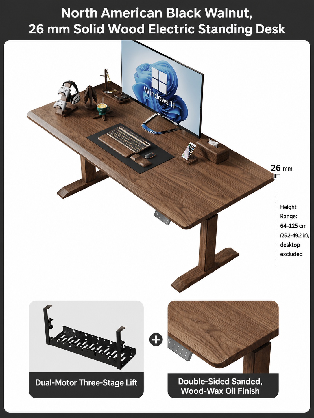 North American black walnut 26 mm dual-motor standing desk